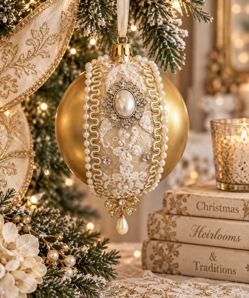 Handmade Gold Lace Pearl Victorian Christmas Ornament OOAK